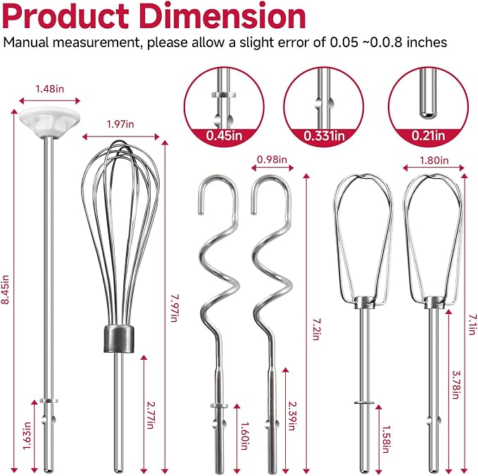 Hand Mixer Attachments Beater for Kitchenaid Hand Mixers KHM3 KHM5 KHM7 KHM9, Including Whisk, Mixing Rod and Dough Hook, Stainless Steel Hand Mixer Accessories (Set of 6)