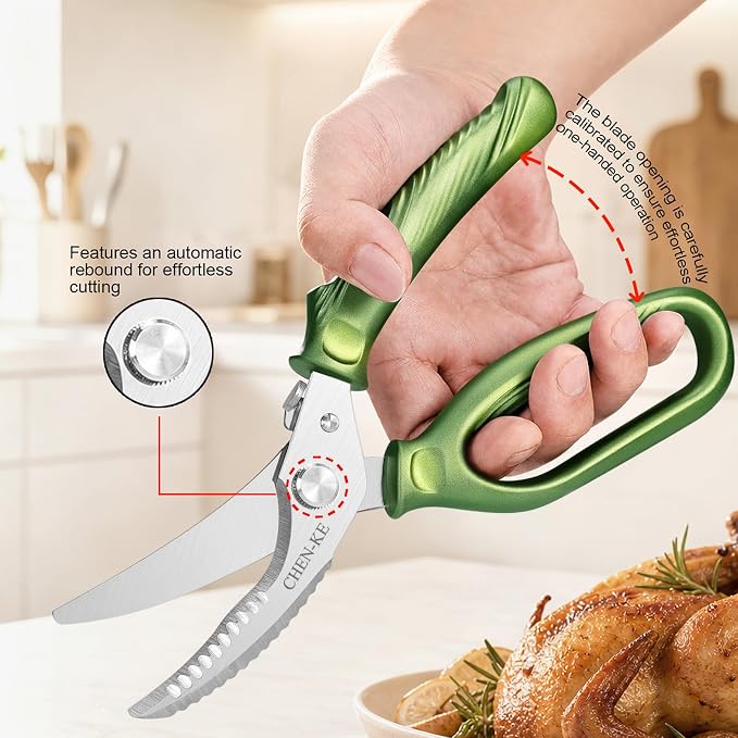 CHEN-KE Rust Resistant Heavy Duty Multipurpose Kitchen Shears-Green | Stainless Steel Kitchen Scissors, One-Hand, Ergonomic Grip, Sharp Durable Poultry Scissors for Chicken, Meat, Food Cutting