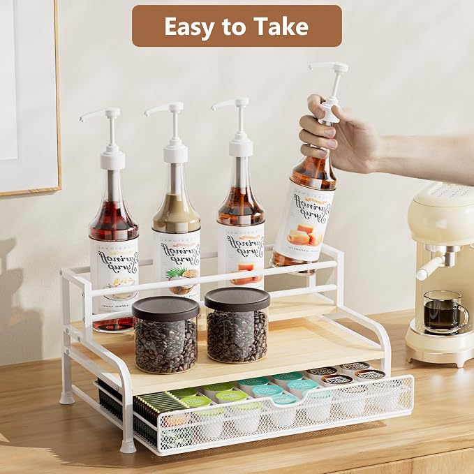 Coffee Syrup Rack Organizer, 3-Tier with 35 K-Cup Pod Holder Drawer | White Metal Rack for 8 Syrup Bottles,Countertop Bottle Holder Stand for Wine,Space-Saving Design for Kitchen Cafe Station