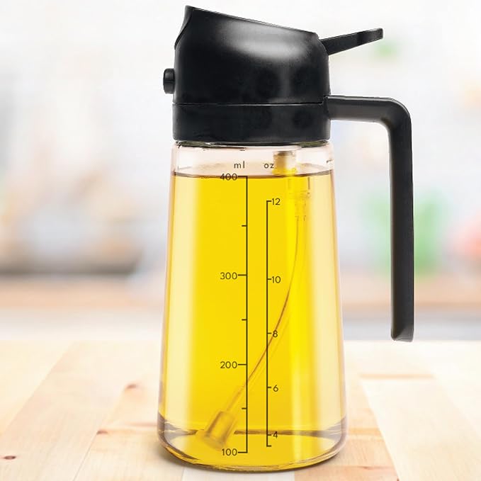 Olive Glow Cooking Oil Dispenser, 400 mL 2-in-1 Spray & Pour Glass Bottle, Leakproof & Refillable for Air Frying, Roasting, Grilling, Fine Mist for Salads, Works with All Types of Cooking Oils