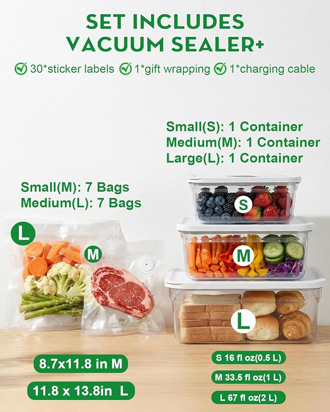 Compact Vacuum Sealer with 3 Vacuum Containers and 14 Reusable Vacuum Bags | Powerful 60 kPa Suction, 6X Preservation & Fresh, Visible Water Tank, Ideal for Meal Prep, Durable Polycarbonate Containers