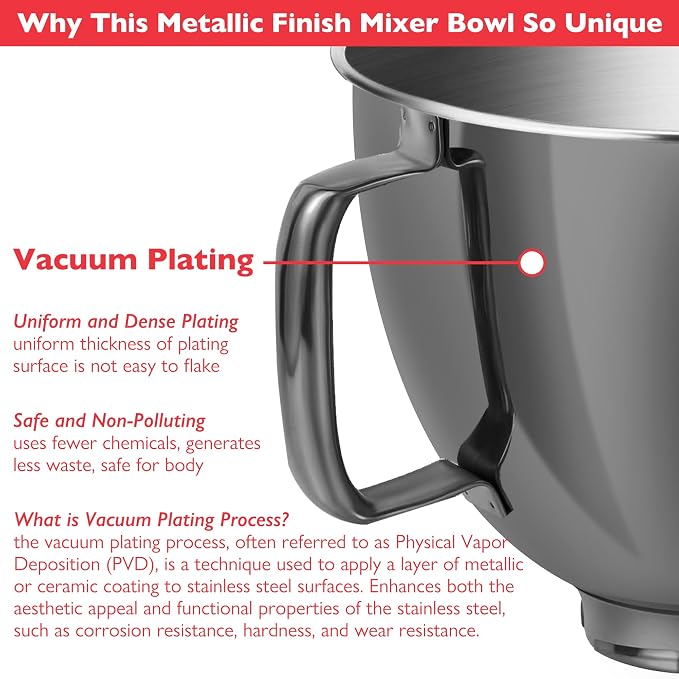 5 Quart Metallic Finish Stainless Steel Mixer Bowl for KitchenAid Classic&Artisan Series 4.5-5 QT Tilt-Head Mixer, Gray Color, Silicone Scraper, Dishwasher Safe, Fit K45SS KSM75 KSM90 KSM150