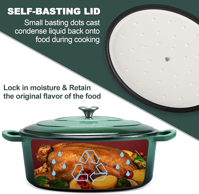 E-far 7QT Oval Dutch Oven Pot with Lid, Enameled Cast Iron Dutch Oven | with Dual Handles for Homemade Sourdough Bread Baking, Nonstick Enamel Coated Cookware, Non-Toxic & Easy Clean, Dark Green