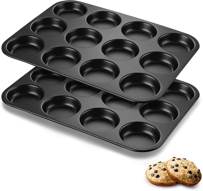 P&P CHEF 12-Cup Muffin Top Pan, Cupcake Pan with Shallow Side, 2PC & Black | Stainless Steel Muffin Pan Cupcake Tin for Whoopie, Yorkshire Pudding, Egg Bite, Cupcake, Non-toxic & Easy Clean