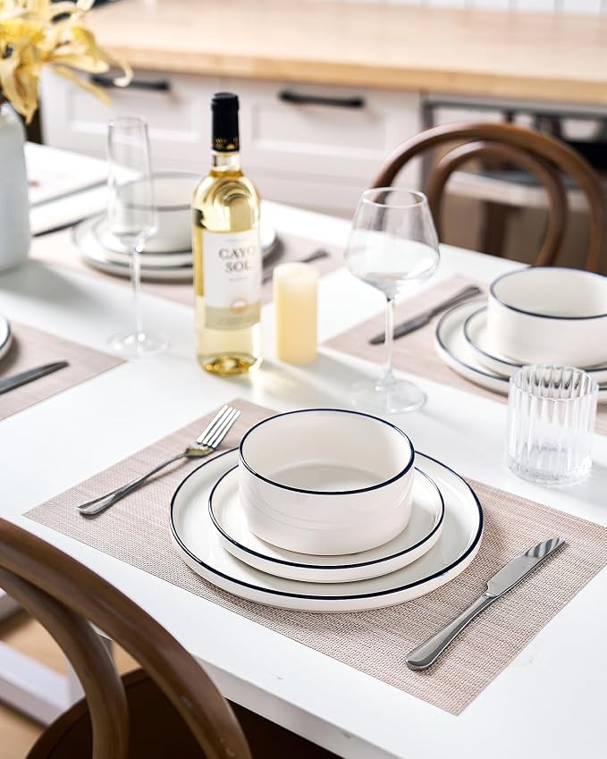 Famiware Porcelain 24-Piece Dinnerware Set, White with Blue Trim | Plates and Bowls for 8, Dishwasher & Microwave Safe, Chip & Scratch Resistant, Ideal for Everyday & Formal Use