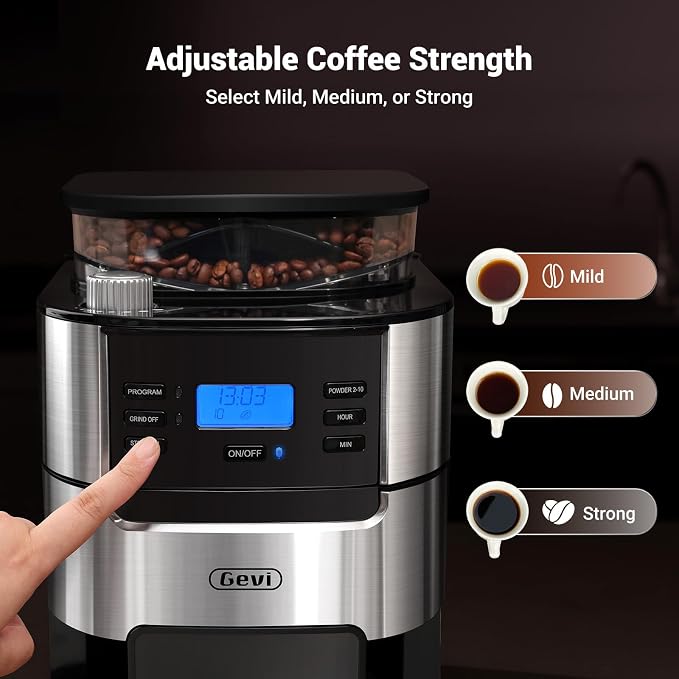Gevi 10-Cup Grind-And-Brew Drip Coffee Maker with Built-In Burr Grinder | Programmable Timer, 1.5L Water Tank, 2-Hour Auto Keep-Warm, Durable Reusable Permanent Filter for Daily Coffee Brewing