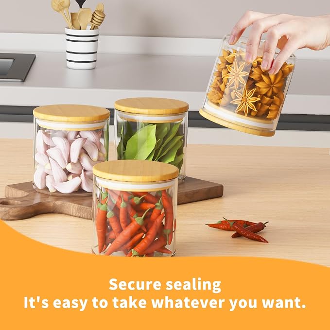 6Pcs 20oz Glass Storage Jars, Airtight Bamboo Lid Containers With Labels | Moisture Resistant Seal, Transparent Visible Tank, Large Capacity, Cabinet Space Saving, Convenient Classification Marking