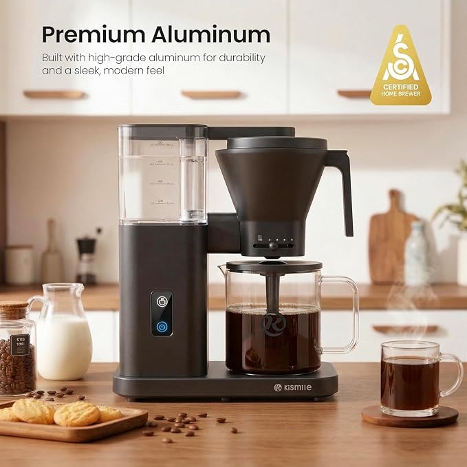 Kismile SCA-Certified 8-Cup Drip Coffee Maker with Pour-Over Control | 3-Second Heating at 197–205°F, Adjustable Flow, Removable 1.25L Water Tank, 20-Min Cold Brew and 40-Min Keep Warm