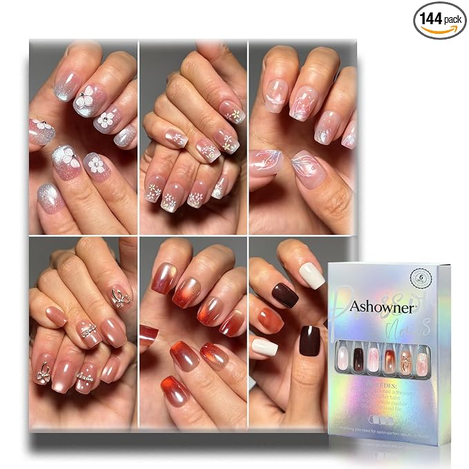 6 Packs (144 Pcs) | Reusable Press on Nails | cute nails | 6-Style Bundle | 12 Sizes | Each Style 24 Pcs | Blush Pink Bow Cat Eye