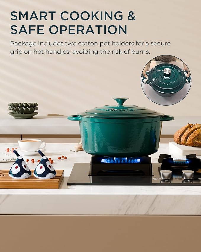Enameled Cast Iron Dutch Oven - 7.5QT Pot with Lid & Cotton Potholders - Heavy-Duty Cookware for Braising, Stews, Roasting, Bread Baking, Oven Safe up to 500°F & Across All Stovetops, Bottle Green