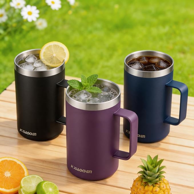 KXIAOCHEN 20 oz Insulated Coffee Mug, Coffee Cup with Lid and Wide Handle | 18/8 stainless steel, 6+ hours hot or 12+ hours cold, wide mouth, no-sweat exterior, for office, work, home and camping
