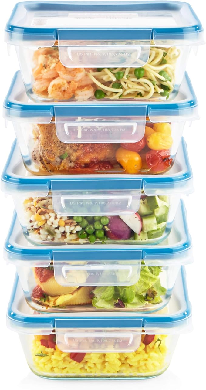 Snapware Glass Total Solutions (5-Pack, 4 Cup) Food Storage Containers Set | Airtight & leakproof plastic locking BPA-free lids, freezer, dishwasher, microwave safe