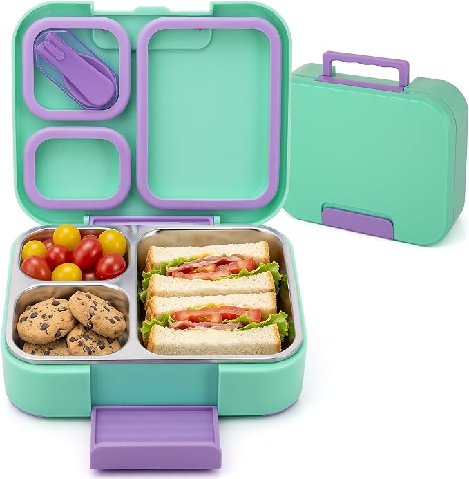 Bento Lunch Box for Kids, 3 Compartment 304 Stainless Steel Food Container with Handle & Spork, Kids Lunch Box Fits Ice Pack, BPA-Free, Green