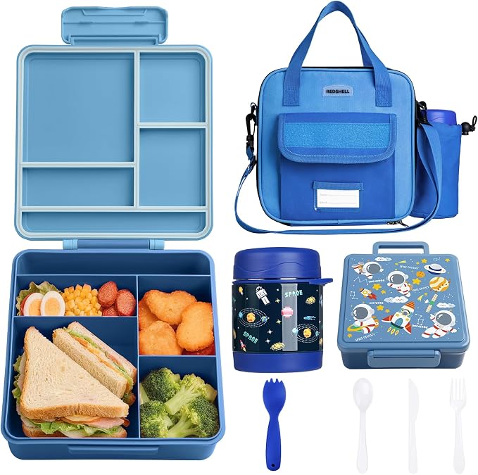 REDSHELL Kids Bento Lunch Box Set, Insulated Lunch Bag for Boys, Dark Blue | Toddler 5-Compartment Lunchbox, Leakproof Food Jar, Snack Container, School Daycare, Bottle Holder, Adjustable Shoulder Strap