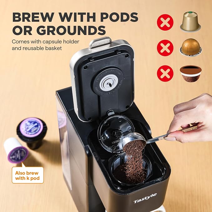 Tastyle Single Serve Coffee Maker for K Cups and Grounds with 3 Brew Styles | 40oz Removable Water Tank, 6 to 24oz Brew Size, Compact Design, Fits 7.3" Travel Mug, for Home, RVs and Office, K330IC, Black