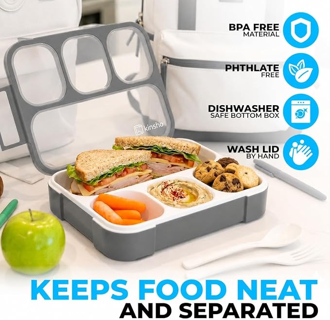 kinsho Bento Lunch Box Container for Kids Adults, Portion Control Meal Prep and Snack Containers, Japanese Style Boxes with 4 Compartments for Boys Teens, School Work and Travel BPA Free | Gray