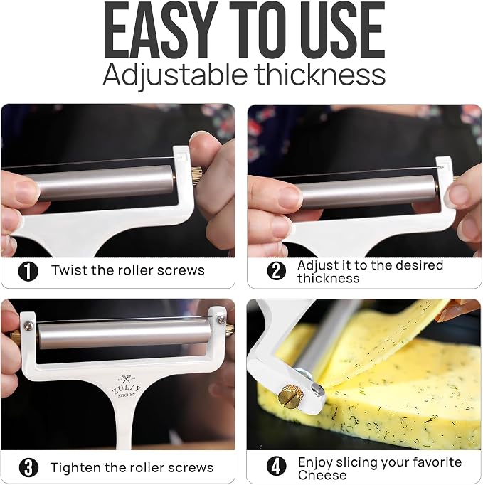 Zulay Kitchen Stainless Steel Wire Cheese Slicer - Adjustable Hand Held Cheese Cutter with 2 Extra Wires - Premium Cheese Shaver For Mozzarella, Cheddar, Gruyere - Cheese Cutter with Wire (White)