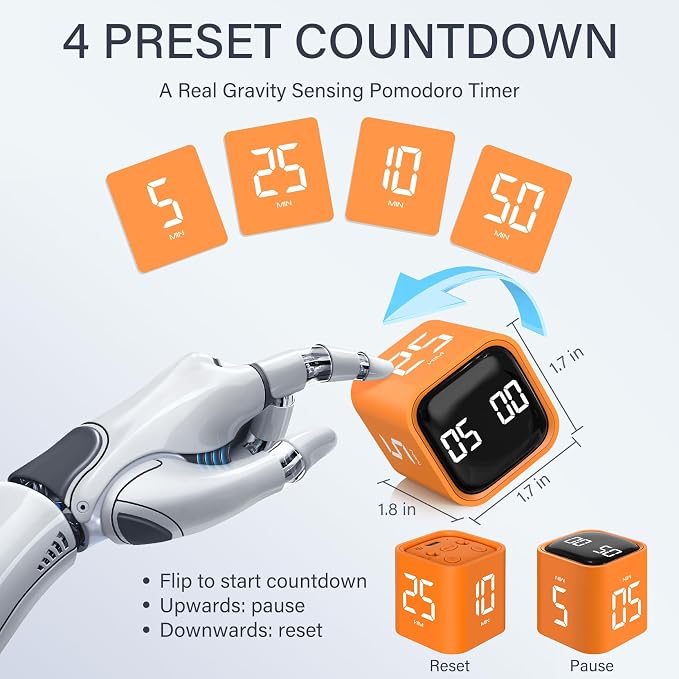 Rotating Pomodoro Timer 5/25/10/50, Desk Productivity Timer for ADHD,Orange | Countdown/Stopwatch Cube Timer, Vibration/High/Low Volume/Custom Modes, for Work Study, Back to School, Kitchen