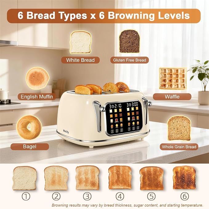 Mecity Toaster 4 Slice, Touch Screen Wide Slot Retro Toaster For Breads Bagel Muffin Waffle, House Warming Gift New Home, 120V 1650W, Cream Color