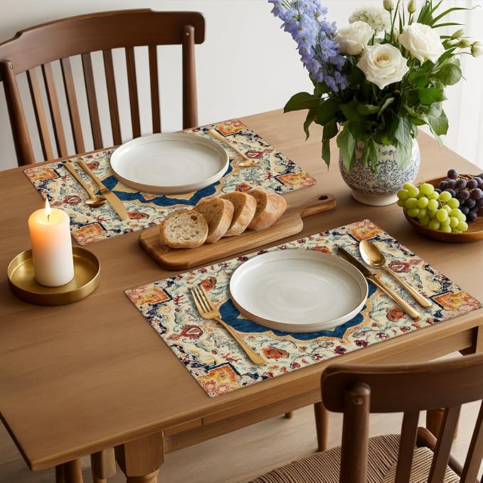 Vintage Boho Placemats, Deep Navy Blue Orange Flowers Bohemia Table Mats | Washable Heat Resistant Linen Fabric Place Mats for Kitchen Home Party Dining Decoration, Christmas Festiva Decoration