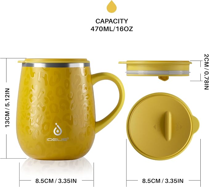 Ideus 16 oz Insulated Coffee Mug with Handle and Lid, Double Wall Stainless Steel Vacuum Thermal Coffee Mug, Travel Coffee Cup Thermal Cup for Home and Office, Leopard Yellow