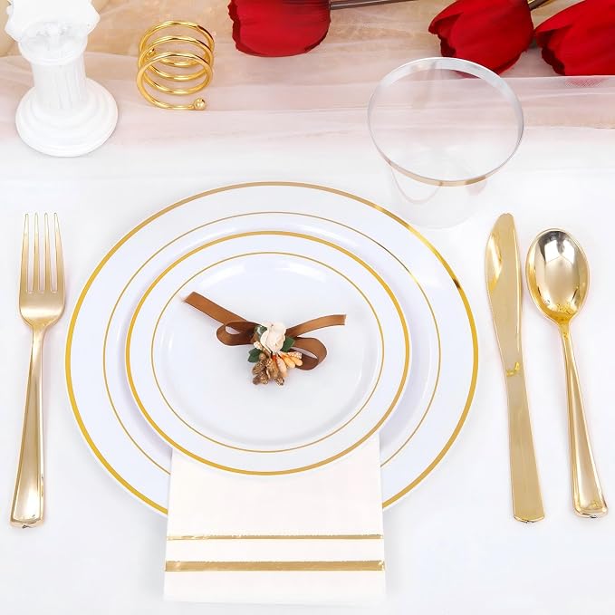 GATHER 700PCS Gold Plastic Dinnerware Set for 100 Guests for Wedding Party | White and Gold Disposable Dinnerware Sets include 200 Plate, 300 Silverware, 100 Cups, 100 Napkins for Anniversary