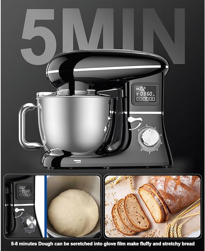 Electric Stand Mixer with LED Display & Timer 6.5QT Bowl Stainless Steel, 1350W 6-Speeds Kitchen Stand Up Mixer for Baking Cakes Cookie Bread Salad Food with Egg Whisk, Dough Hook, Beater