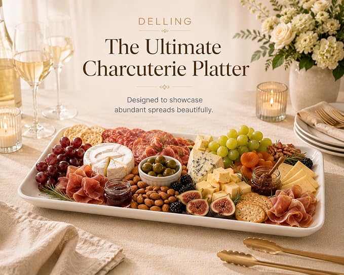 DELLING Serving Platter Set 18/16/14 Inch, Large White Porcelain Serving Trays for Entertaining, Rectangular Platters for Turkey Fruit Appetizer Party Wedding, Microwave Oven Dishwasher Safe, 3-Pack