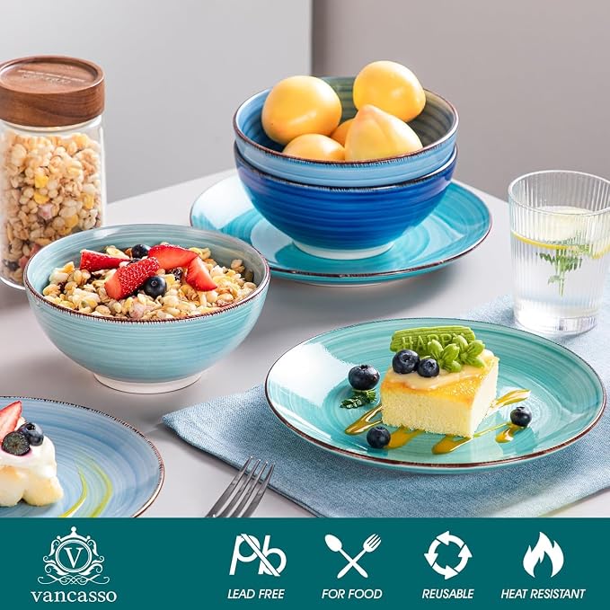 vancasso Bonita Stoneware Dinnerware Sets, 24 Pieces Dishes Set for 6 | Hand-Painted Spiral Dishes for Dinner, Ceramic Kitchen Plates and Bowls Sets-Microwave and Dishwasher Safe (Blue,24 Pcs)