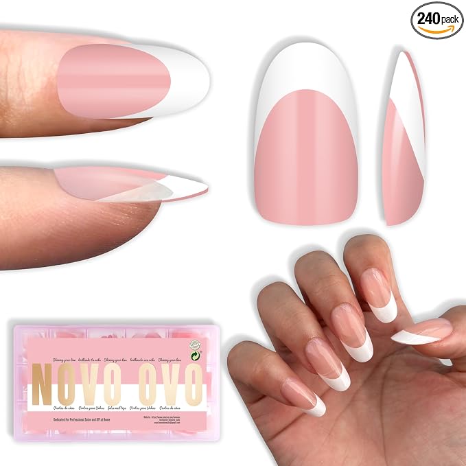 NOVO OVO White French Tip Oval Nail Tips Press on BABY PINK, Extra Thick Medium Soft Gel Fake Nail Acrylic Extension, Need Builder Gel Top Coat, No Glue Included, for Salon DIY x 15 Sizes 240 pcs