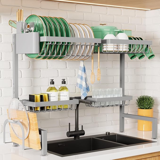 Kitsure Adjustable Over The Sink Dish Drying Rack, 26.8" -33.9"x21.5" | Sink Drying Rack for Kitchen Sink, Dish Rack Over Sink with Cutlery & Utensil Holders, Kitchen Storage, Grey