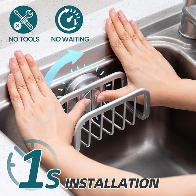 TAILI Sink Caddy with Strong Suction Cup, Sponge Holder for Kitchen-Silver | Sponge Caddy for Kitchen Sink Oganizer, Removable Rustproof Aluminum Sponge Holder for Dish Brush, Scraper, Scrubber