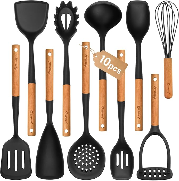 Large Silicone Cooking Utensils Set, 10Pcs Nonstick Kitchen Utensil Set with Wooden Handle, Heat Resistant Silicone Utensils for Cooking, BPA Free Spatula Set with Turners Spoon Ladle Skimmer(Black)