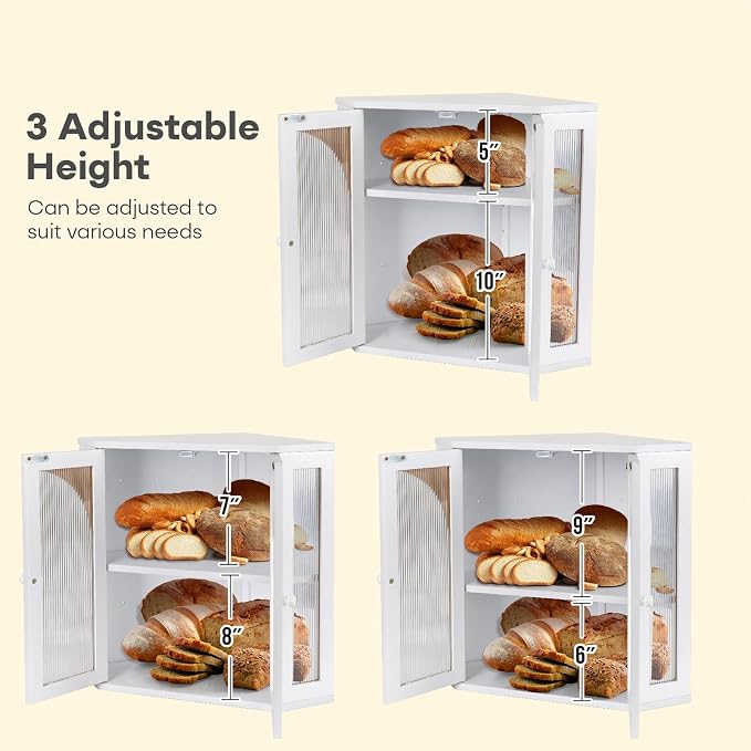 Corner Bread Box for Kitchen Countertop,Double Layer Bread Holder | 3 Adjustable Height, Large Capacity, Magnetic Acrylic Door, Bamboo Bread Storage Container for Homemade Bread, White