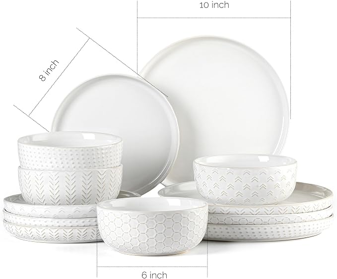 Stoneware Dinnerware Sets Service for 4, 12 pcs Reactive Glaze Plates and Bowls Sets, Embossed Boho Ceramic Dish Set, Highly Chip and Crack Resistant Farmhouse Plate Set, Ivory White