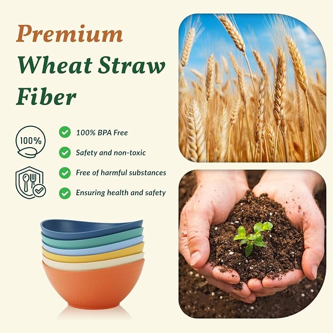 60oz Wheat Straw Bowls Set of 6 Salad Bowls Large Popcorn Bowl Unbreakable Serving Bowls Microwave & Dishwasher Safe Bowl Set Centerpiece Bowls for Kitchen, Party, Decor, Camping (Multi)