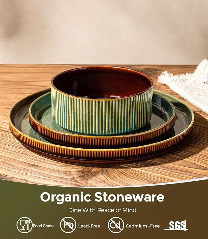 GBHOME Stoneware Dinnerware Sets for 4, 12 Pieces Plates and Bowls Set | Lightweight Ceramic Ribbed Dishes,Reactive Glaze Stackable Plate Set,Scratch Resistant,Microwave Dishwasher Safe,Maroon Olive