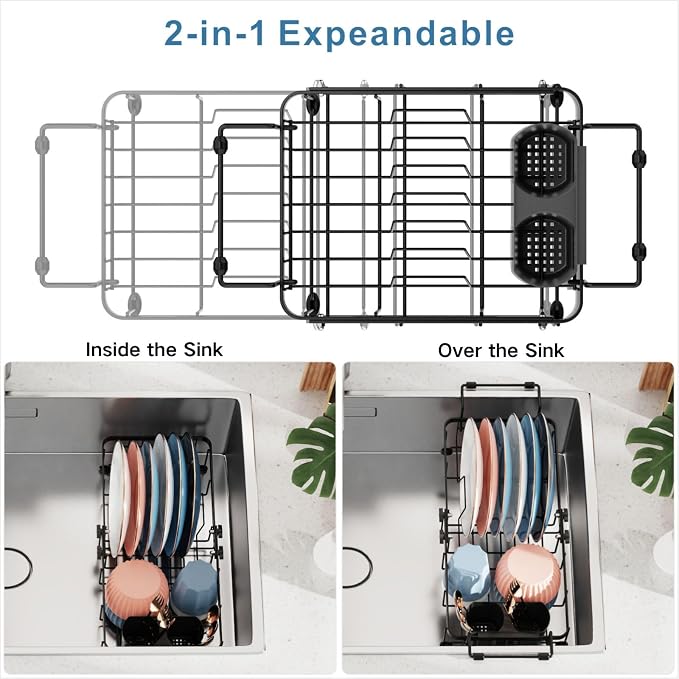 Small Sink Dish Drying Rack - 9" W Expandable for RV Apartment | Twist-Lock Adjustment, Removable Utensil Holder, Handles with Non-Slip Beads, Rust-Resistant, Space-Saving for Kitchen