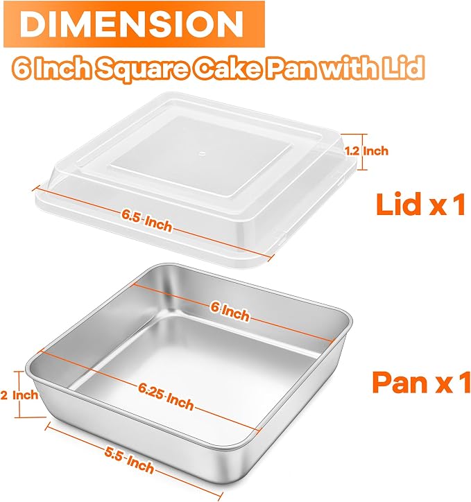 TeamFar 6 x 6 Baking Pan, Square Cake Pan with Lid - 1 Pan + 1 Lid | Stainless Steel for Baking Cooking Brownie Lasagna, Portable for Home Outdoor Camping, Non-Toxic & Dishwasher Safe