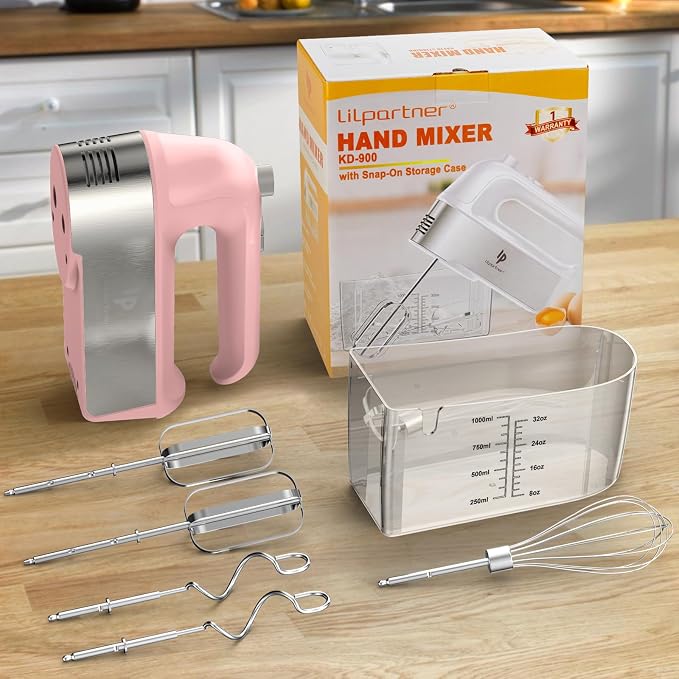 Hand Mixer Electric, 450W Kitchen Mixers with Scale Cup Storage Case, Turbo Boost/Self-Control Speed + 5 Speed + Eject Button + 5 Stainless Steel Accessories, For Easy Whipping Dough, Cream, Pink