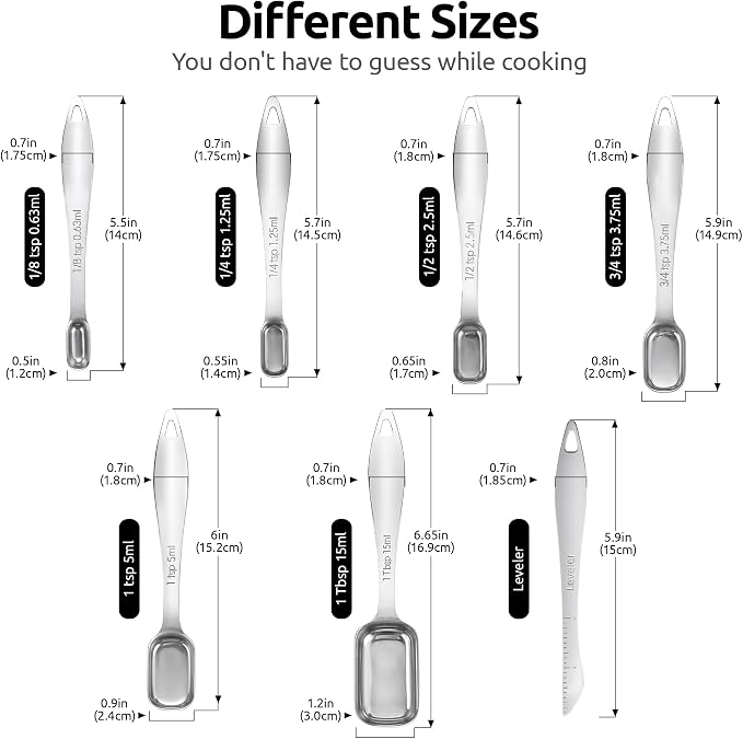 U-Taste Narrow Square Measuring Spoons, Metal Measure Set of 7 with Leveler | Long Handle Rectangular Teaspoon Tablespoon, 18/8 Stainless Steel Polygons Measure Spoon Set, Narrow Scoop for Spice Jars