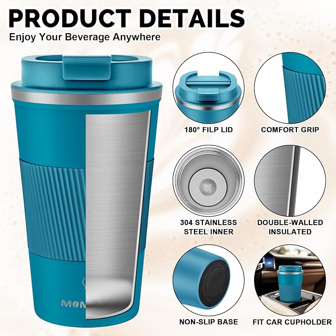 MOMSIV 17oz Travel Coffee Mug, Insulated Coffee Cup with Leakproof Lid | 6-Hour Heat Retention, 360°Leak proof, Vacuum Stainless Steel Double Walled, BPA-free, Reusable And To Go Coffee Mug