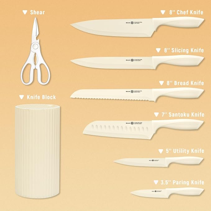 Knife Set, 8-Piece Kitchen Knife Set with Universal Block - Anti-Rust Chef Knives, Ergonomic Design, Dishwasher Safe (Cream)
