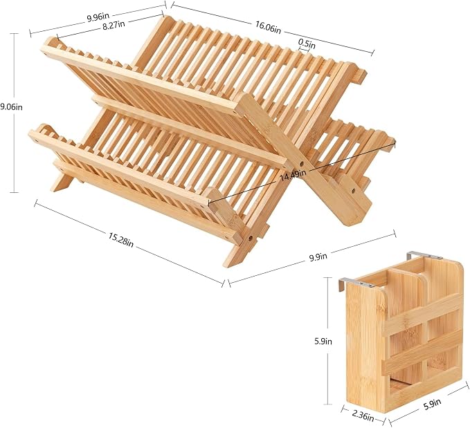 HBlife Bamboo Dish Drying Rack with Utensils Flatware Holder Set, 3-Tier Large Folding Drying Holder for Kitchen Counter, Collapsible Drainer