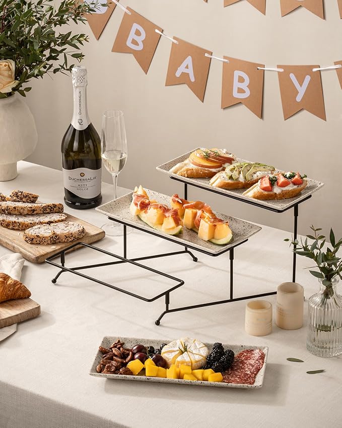 LAUCHUH 3 Tier Serving Tray, Porcelain Serving Platters and Trays for Party | 12 Inch Tiered Tray Stand Cupcake Stand with Collapsible Sturdier Rack & 2 Cross Bars for Thanksgiving Day, Speckled Glaze
