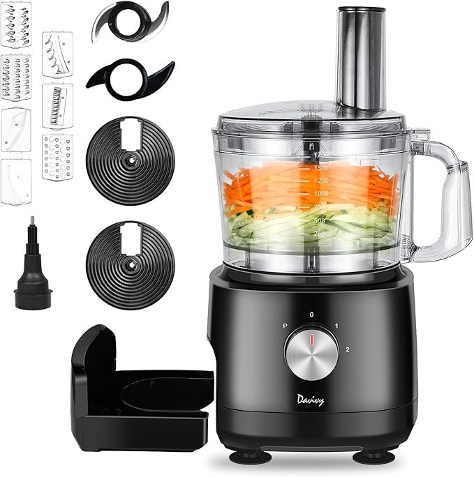 Davivy 7-Cup Food Processor with Storage Drawer, 9-Blade for Home Meal Prep | Cheese Grate, Wavy Slicer Meat Chopper, Dough Kneading, Veggie Salad Shred, French Fries for Party, healthy Snacks, baby food