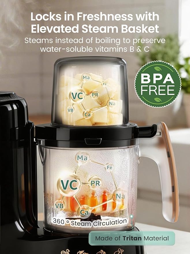 Grownsy Baby Food Maker & Processor with Dual-Layer Steam Basket,Black&Gold | Steamer & Blender, Healthy Homemade Baby Food Purees, Starting Solids & BLW, Baby Feeding Essentials, 6+ Months