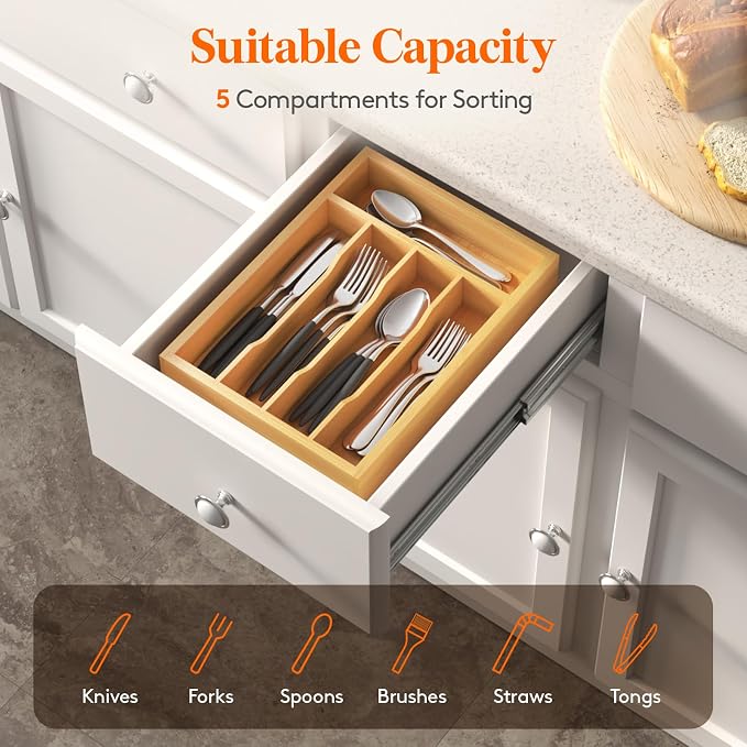Lifewit Bamboo Silverware Tray for Drawer, 8.6 x 12.5 | Utensil Organizer for Kitchen, Flatware and Cutlery Holder, Storage for Spoons Forks Knives, Natural