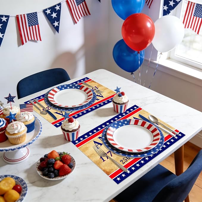 50Pcs Patriotic Paper Placemats Disposable 11x16 Inch Vintage Table Mats | American Flag Red White Blue Star Striped, 4th of July Memorial Day America 250th Birthday Party Decor