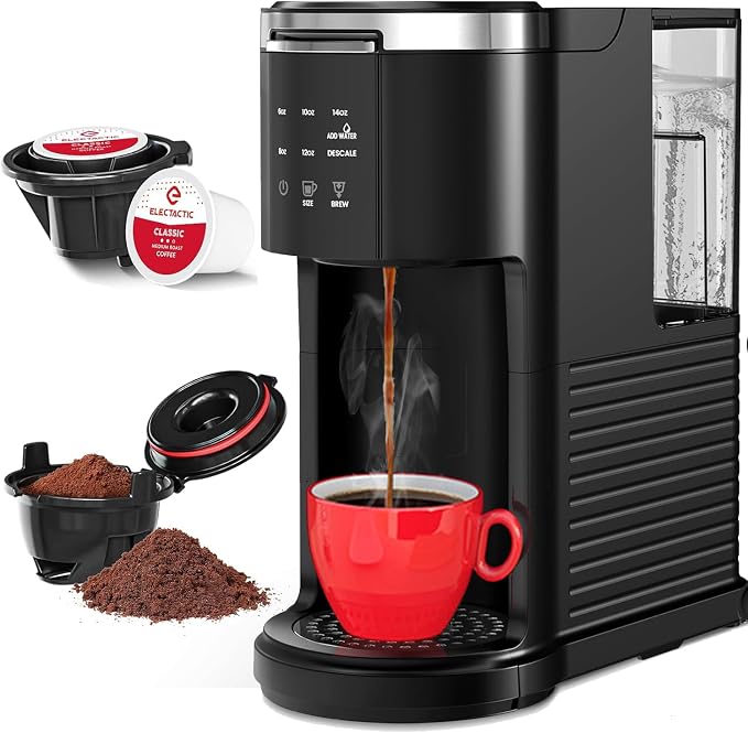 Electactic LED Single Serve Coffee Maker for KCup Pods & Ground Coffee | 2 in 1 coffee machine, 40oz removable water tank, 5 brew sizes 6–14oz, fast heating & self-cleaning for home and office